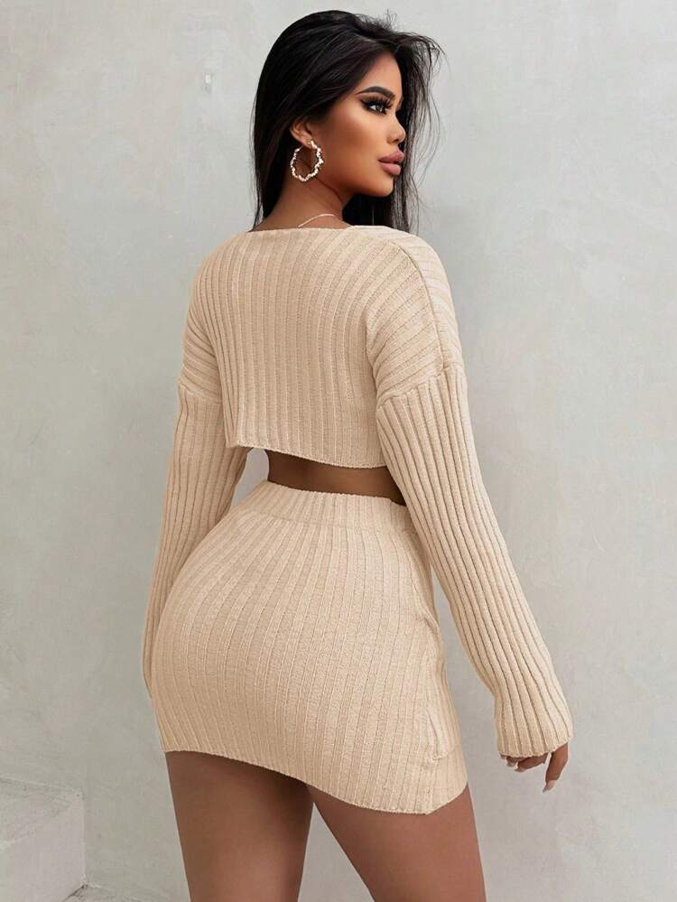 Women's Cropped Drop Shoulder Long Sleeve Sweater & Knitted Skirt Set Fall Cloth For Women