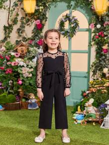 SHEIN Trẻ Cô gái Vòng cổ Chấm bi Sang trọng Lưới Đan Áo liền quần Với Có thể tháo rời Eo Thắt lưng , Phong cách - màu đen - Xem 6