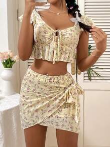 SHEIN Unity Dây rút Xu hướng: Cắt giảm Hoa Áo & Váy quấn Bộ - Màu vàng - Xem 1