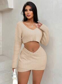 Zolique Women's Cropped Drop Shoulder Long Sleeve Sweater & Knitted Skirt Set Fall Cloth For Women - Apricot - View 5