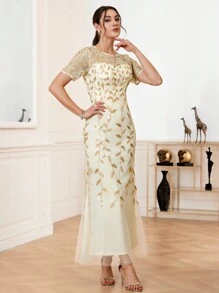 SHEIN Belle Abito Da Sera Formale Con Ricamo Elegante A Sirena Per Donna - Champagne - Visualizzare 1