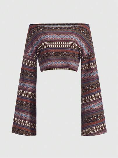 Hippie Geo Print Off Shoulder Crop Tee