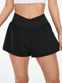 SHEIN Sports Solid Color Overlapping Waist Athletic Shorts