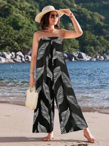 SHEIN VCAY 大碼女士羽毛印花無肩跳躍裝,夏季女士沙灘跳躍裝適用於假期 - 黑色 - 查看 1