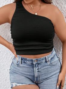 SHEIN VCAY Plus Size Women's Solid Color Pleated One Shoulder Sleeveless Top - Black - View 1