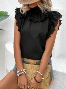 Breezaya 女士立领荷叶边下摆飘逸袖衬衫 - 黑色 - 查看 5