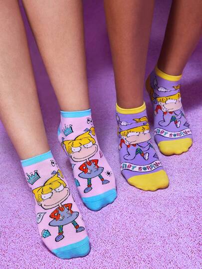 Nick 90s | SHEIN 2pairs Women'S Cartoon Printed Low Cut Socks