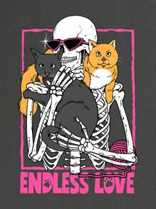 Eljasssss Artist Women's Plus Size Round Neck Loose Fit Skull & Letter Printed T-Shirt - Dark Grey - View 2