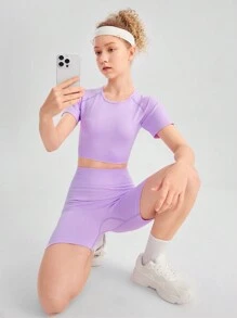 SHEIN 青少女紫色短袖上衣和短褲運動健身套裝 - 紫色 - 查看 4