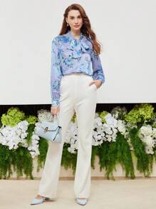 MOTF PREMIUM SILK FLORAL PRINT TIE NECK BLOUSE - Multicolor - View 7