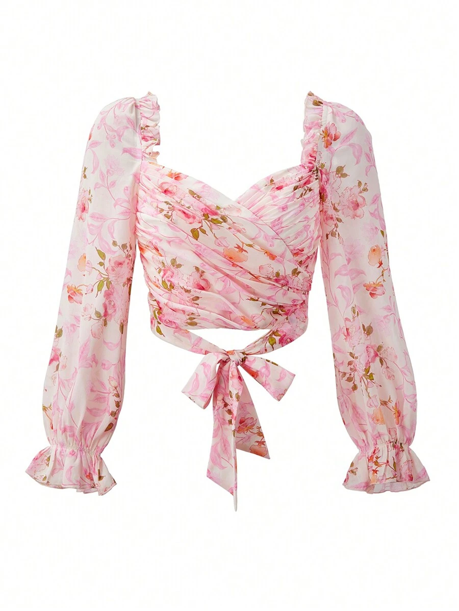 Enchnt 女士花卉印花飄邊長袖襯衫 - 白色 - 查看 1