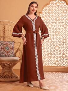 Al Najma Contrast Lace Patchwork Flare Sleeve Dress - Burnt Orange - View 6