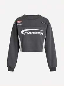 SHEIN Street Sport 字母印花落肩运动卫衣短款卫衣短款长袖女式卫衣青少年短款上衣长袖 - 深灰色 - 查看 1