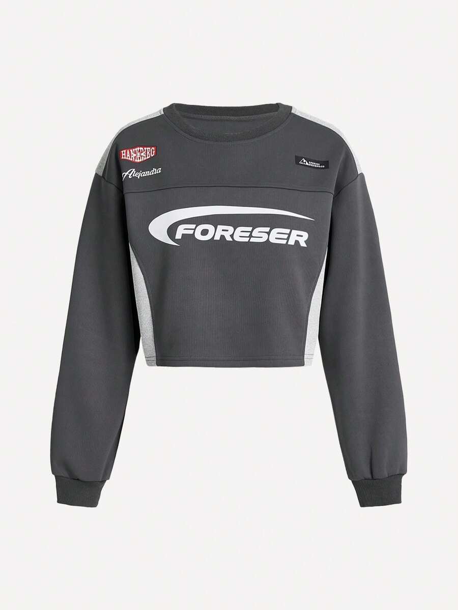 SHEIN Street Sport 字母印花落肩运动卫衣短款卫衣短款长袖女式卫衣青少年短款上衣长袖 - 深灰色 - 查看 1