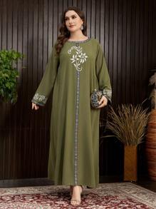 Al Najma Plus Size Women's Arabesque Print Ribbon Splicing Dress - Army Green - View 1