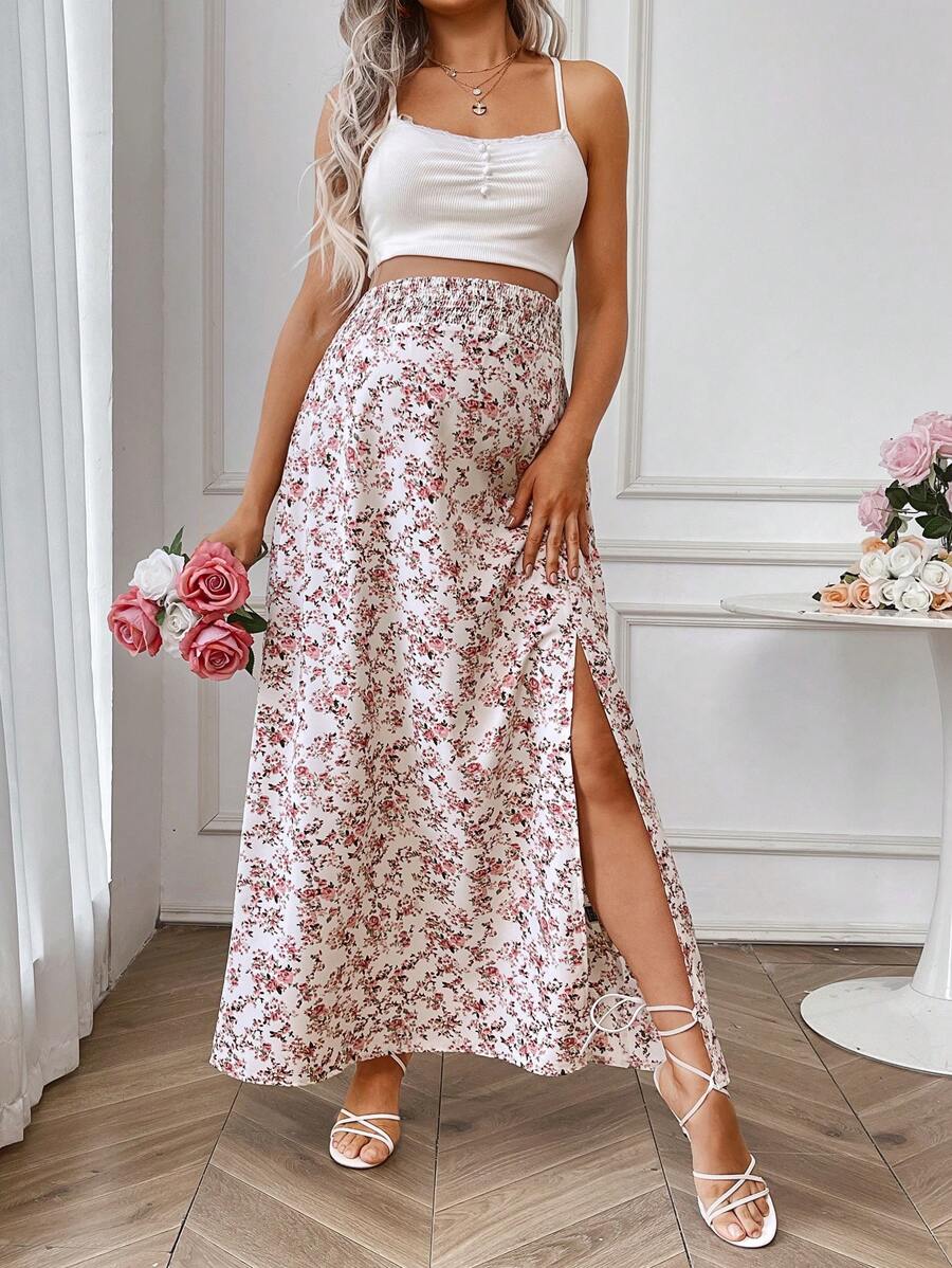 Floral Print Slit Skirt