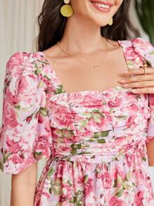 Mulvari In hoa Hình vuông Đường viền cổ áo Xếp li Đầm - Nhiều màu - Xem 2
