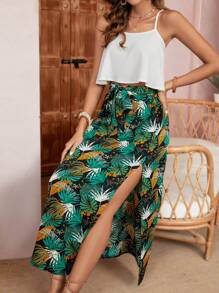 SHEIN VCAY 單色休閒背心上衣和熱帶印花分裙