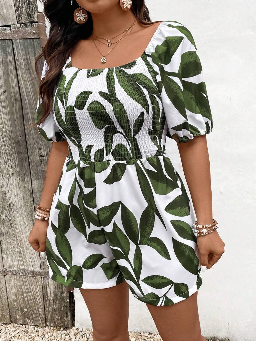 SHEIN LUNE Jumpsuit Ukuran Plus Shirred Tropis Boho - Hijau - View 1