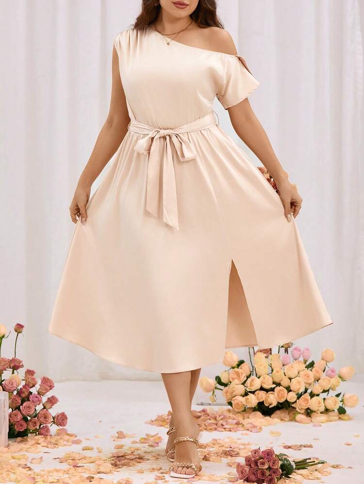 Plus Size Solid Color Asymmetrical Collar Split Hem Dress