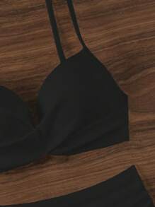 SHEIN Swim 夏季海滩 V 领比基尼套装，细肩带和高腰 - 黑色 - 查看 3