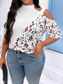 Calvaya 大尺寸豹紋拼接不對稱領t恤 - 白色 - 查看 5