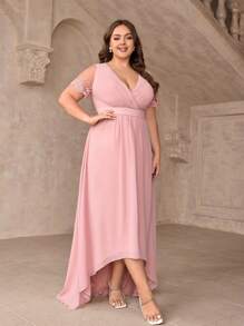 SHEIN Belle Vestido de dama de honor versátil para eventos de boda, elegante vestido con cuello en V rosa, cintura plisada, encaje romántico, mangas cortas, cintura alta estilizada, falda corta en frente y larga asimétrica - Rosa - Ver 4