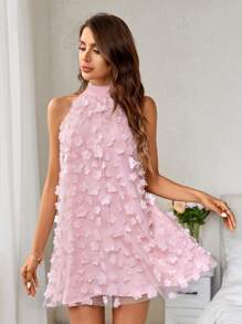 SHEIN Privé 花卉 3d 布料網狀掛脖連身裙 - 粉色 - 查看 5