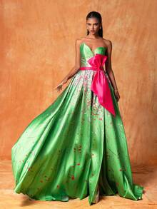 Colorblock Bow Decor Bustier Waist Cut-Out Elegant Evening Gown Formal Prom Wedding Guest Dress, For Graduation, Dinner - Green - View 5