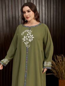 Al Najma Plus Size Women's Arabesque Print Ribbon Splicing Dress - Army Green - View 7