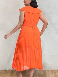 Plus Size Women's V-Neck Belted Pleated Dress With Ruffle Trim - Orange - View 3