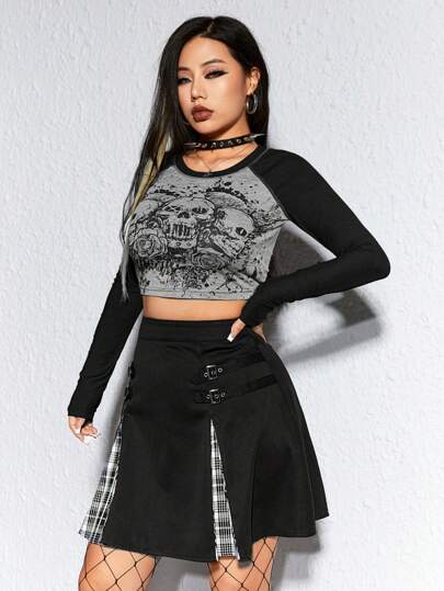 Grunge Punk Skull & Floral Graphic Raglan Sleeve Tee