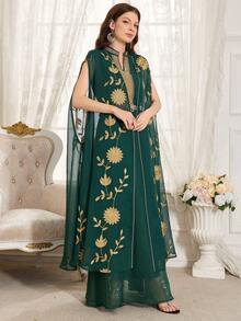 Women's Floral Embroidery & Trim Patched Arabic Style Dress - Dark Green - View 4