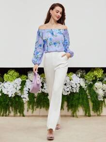 MOTF PREMIUM Blouse De Seda Con Estampado Floral De Manga De Linterna Y Con Hombros Descubiertos