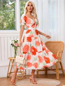 SHEIN VCAY Hoa In Ngắn tay Xoắn Nút & Pha lê Trang trí Đường viền cổ áo Đầm - Nhiều màu - Xem 4