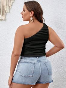 SHEIN VCAY Plus Size Women's Solid Color Pleated One Shoulder Sleeveless Top - Black - View 2