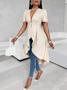 SHEIN Slayr 純色高低飄帶不對稱下擺上衣 - 卡其色 - 查看 4