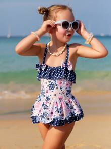 年輕女孩波點和花卉印花連體泳衣,拼接細節設計 - 彩色 - 查看 7