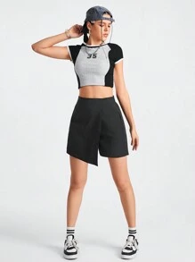 SHEIN Sports 女式不对称下摆运动短裤，带斜口袋 - 黑色 - 查看 3