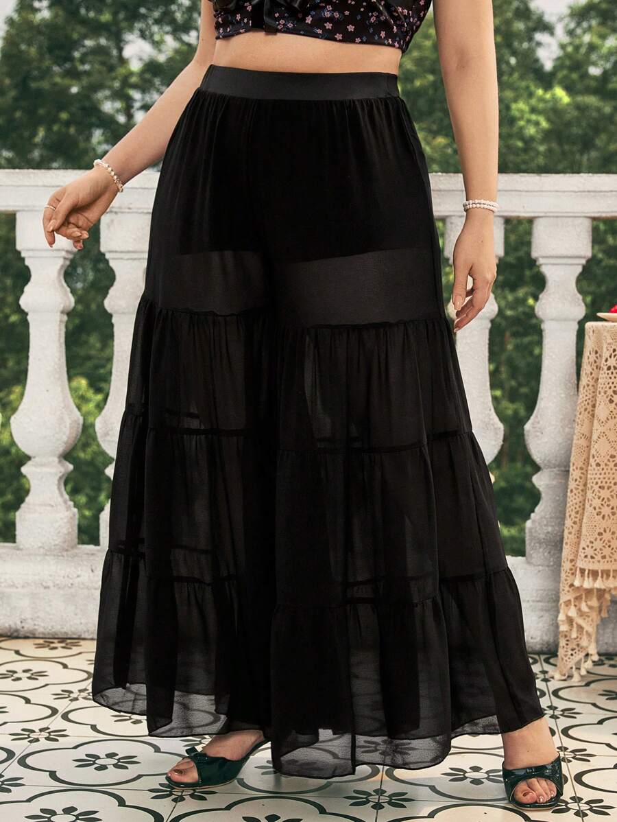 Dreamara Celana Ukuran Plus Ruffle Hem Sheer Tiered Layer Plain Casual - Hitam - View 1