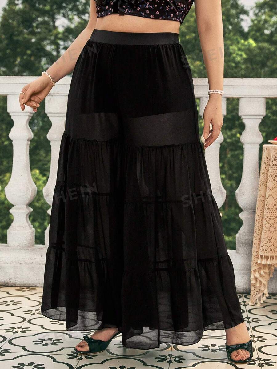 Dreamara Pantalones De Pierna Ancha Plisados ​​de Doble Capa De Gasa Para Mujer De Talla Grande