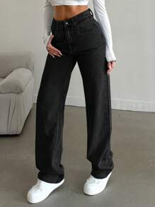 CasuGlow 100%Cotton Washed Loose Straight-Leg Jeans With Slant Pockets - Black - View 5