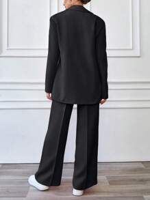 EURMUSE Solid Peak Collar Singe Breasted Placket Suit Sets - Black - View 2