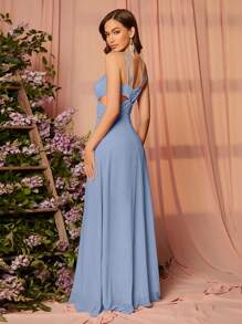 SHEIN Belle Váy phù dâu chéo lưng cho nữ Váy thanh lịch - Màu xanh nhạt - Xem 4