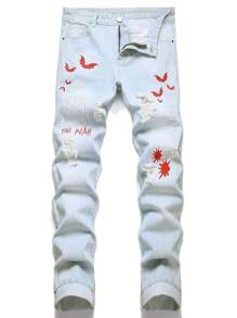 男式棉质骷髅刺绣破洞牛仔裤，万圣节适用 - 淺色水洗藍 - 查看 1