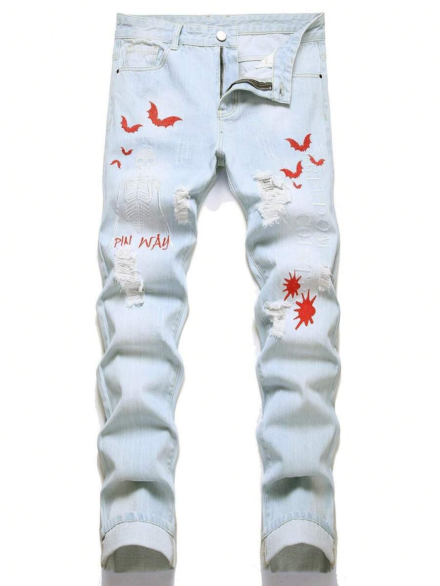 男式棉质骷髅刺绣破洞牛仔裤，万圣节适用 - 淺色水洗藍 - 查看 1
