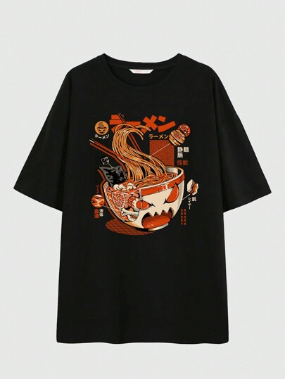 Ilustrata J-Fashion T-shirt con grafica a noodles, scollo a goccia, per la scuola