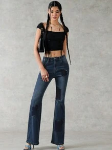 Forever 21 Pantalon En Jean Pour Femmes Avec Des Bas Évasés Contrastés Pour Des Festivals De Musique