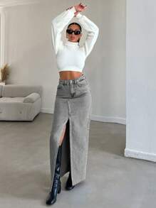 EURMUSE Kvinnors Framtill Slits Lång Denim Kjolar - Grå - Visa 6