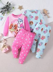 2入組女寶寶可愛小狗印花長袖褲套裝，適用於家居穿著 - 彩色 - 查看 1